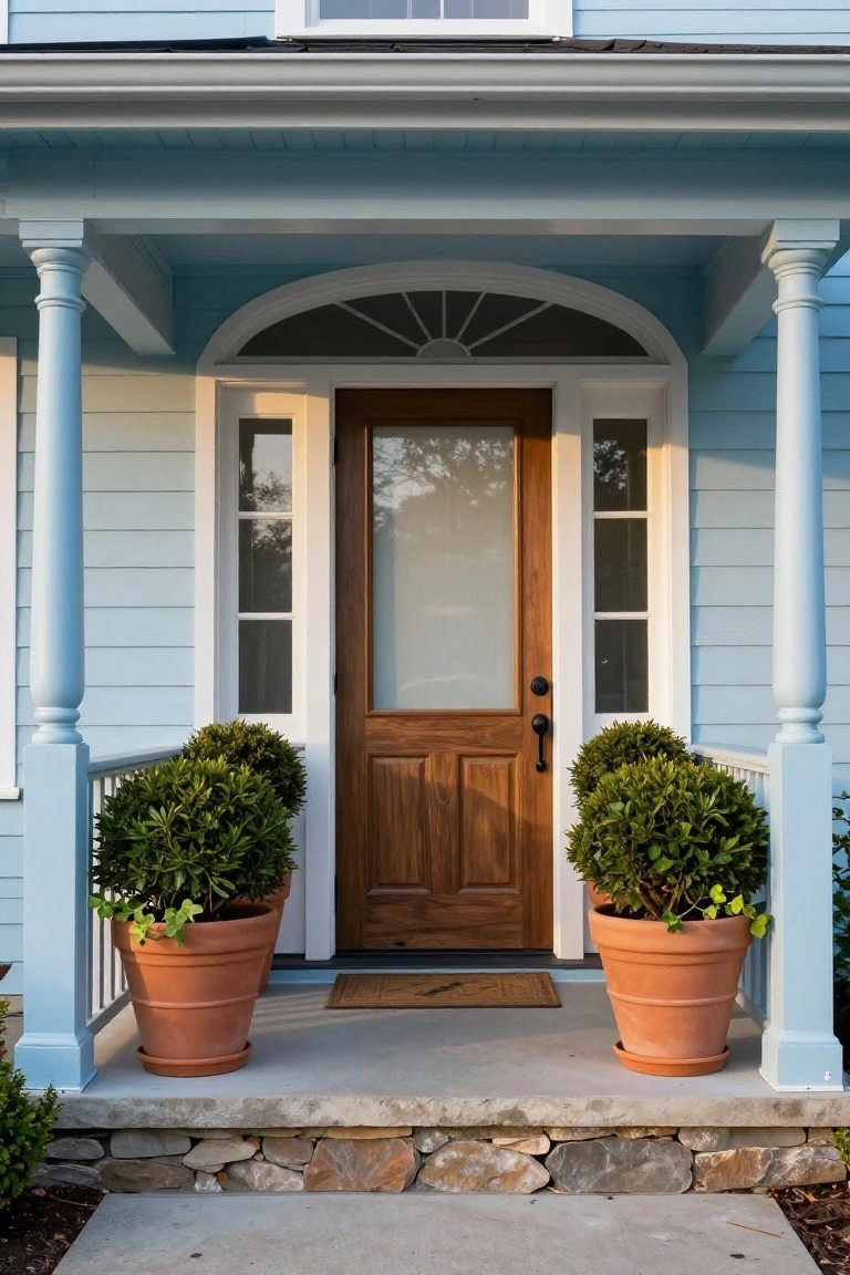Light blue sided house exterior with white columns supporting a porch roof over a wood entry door with glass panels and sidelights, flanked by two matching terra cotta pots containing spherical topiary shrubs on a concrete stoop with stone steps.