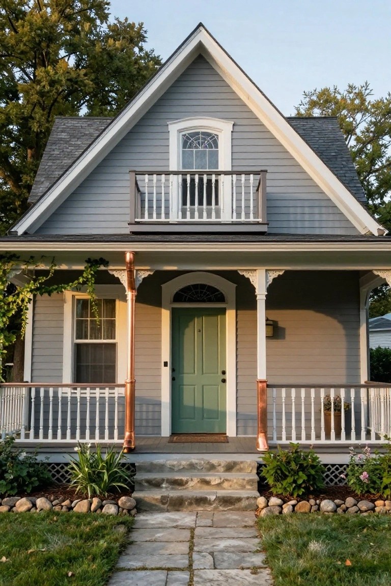 Gray shingle-style cottage exterior with gabled roof, second-story balcony, covered front porch supported by copper posts and brackets, arched green entry door, white railings, stone steps, flagstone path, and low landscaping with rocks and plants.