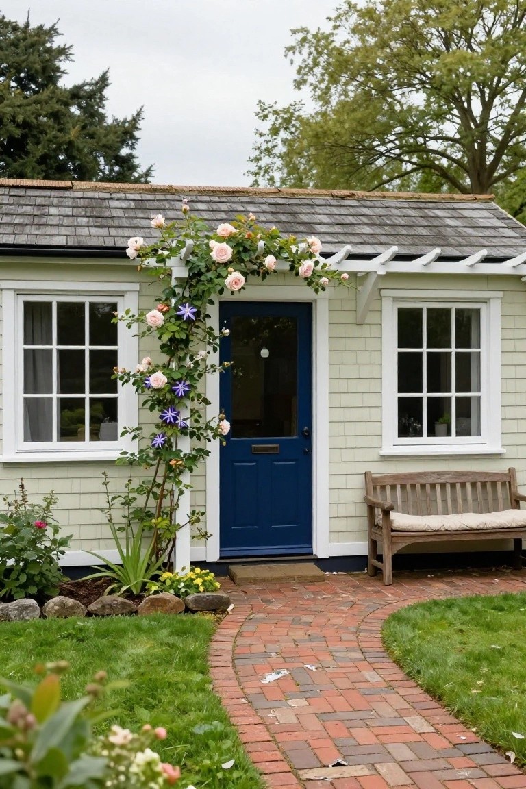 Pale green shingled cottage exterior with navy blue front door, white-framed windows, pink climbing roses and purple clematis vines on pergola, wooden bench to the side, brick path, and garden plantings.