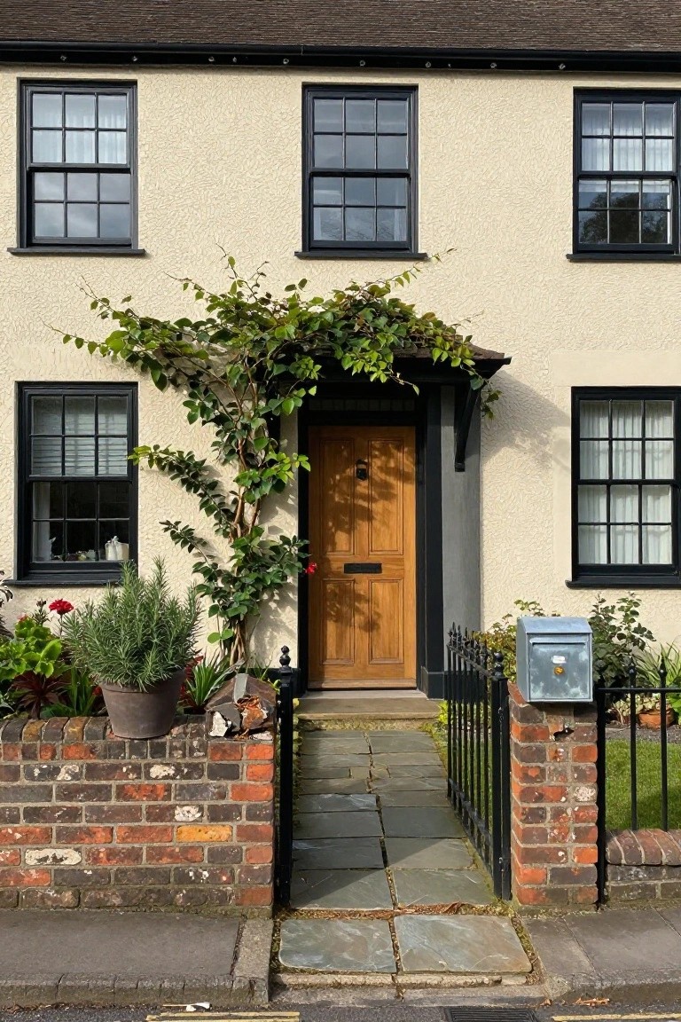Beige stucco two-story cottage with black-framed sash windows, wooden front door under a small porch canopy covered in green climbing vines, black iron fence with brick piers, potted plants, and stone path leading to the street.