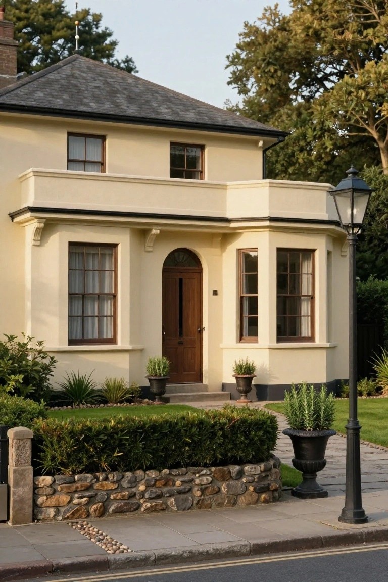 A cream stucco two-story cottage with dark wood sash windows, an arched brown front door, bay window extension, potted plants on steps, low boxwood hedge, stone wall edging, and black street lamp on a paved sidewalk.