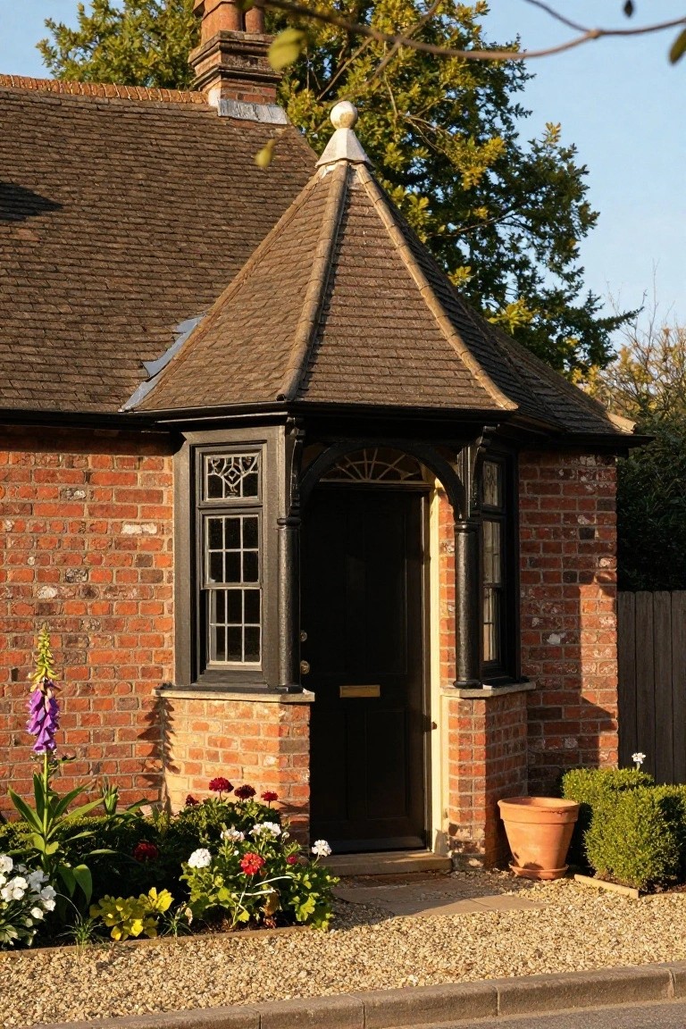 Red brick cottage exterior with a black wooden porch canopy featuring arched leaded glass windows flanking a black front door, gravel path, and border plants including foxgloves and geraniums.