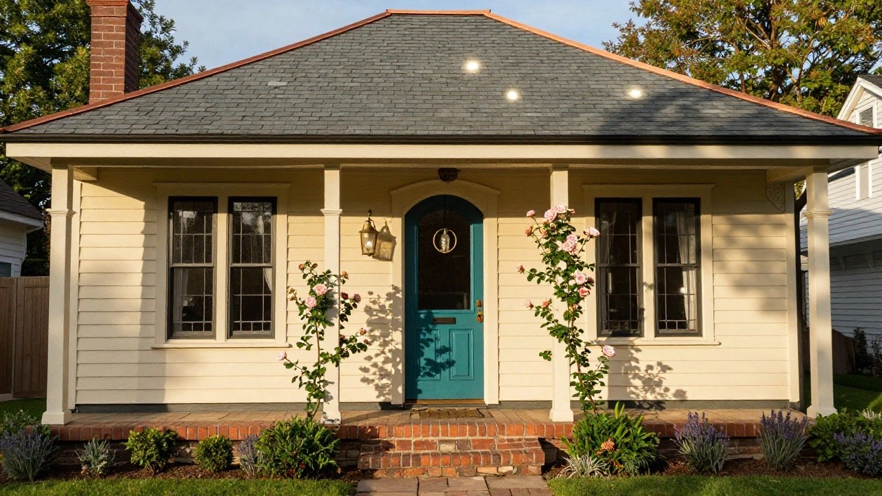 Cream house exterior with teal arched front door, pink climbing roses on porch column, lantern light, leaded bay window, brick base, lavender plants, and boxwoods at entry steps.