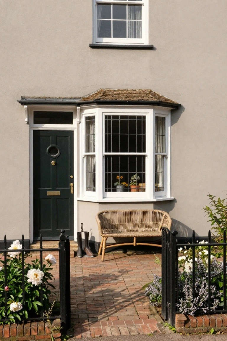 Beige stucco front of a Victorian cottage with dark green paneled door, brass knocker and letterbox, white bay window displaying potted plants, rattan bench on brick path next to black iron gate edged with white peonies and lavender.