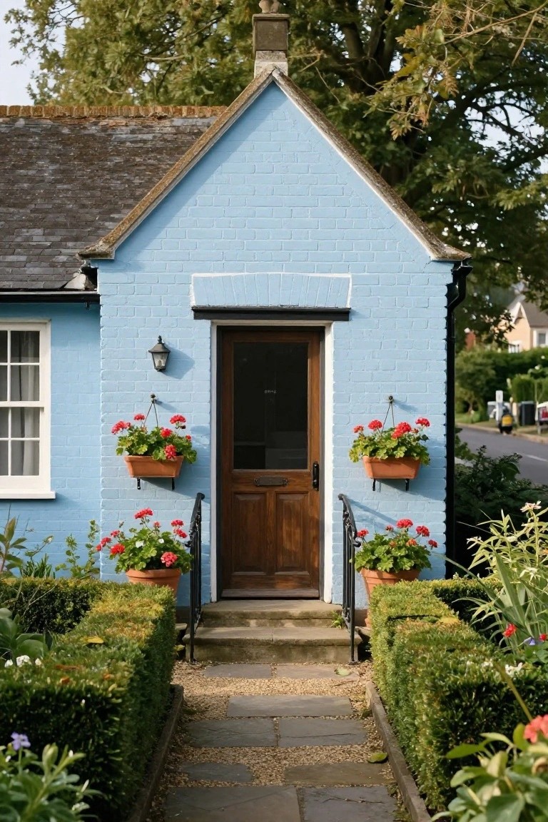 Light blue brick cottage with peaked roof, white sash window, dark wood front door flanked by hanging terracotta planters of red geraniums and wall lanterns, stone pathway lined by boxwood hedges and garden flowers.