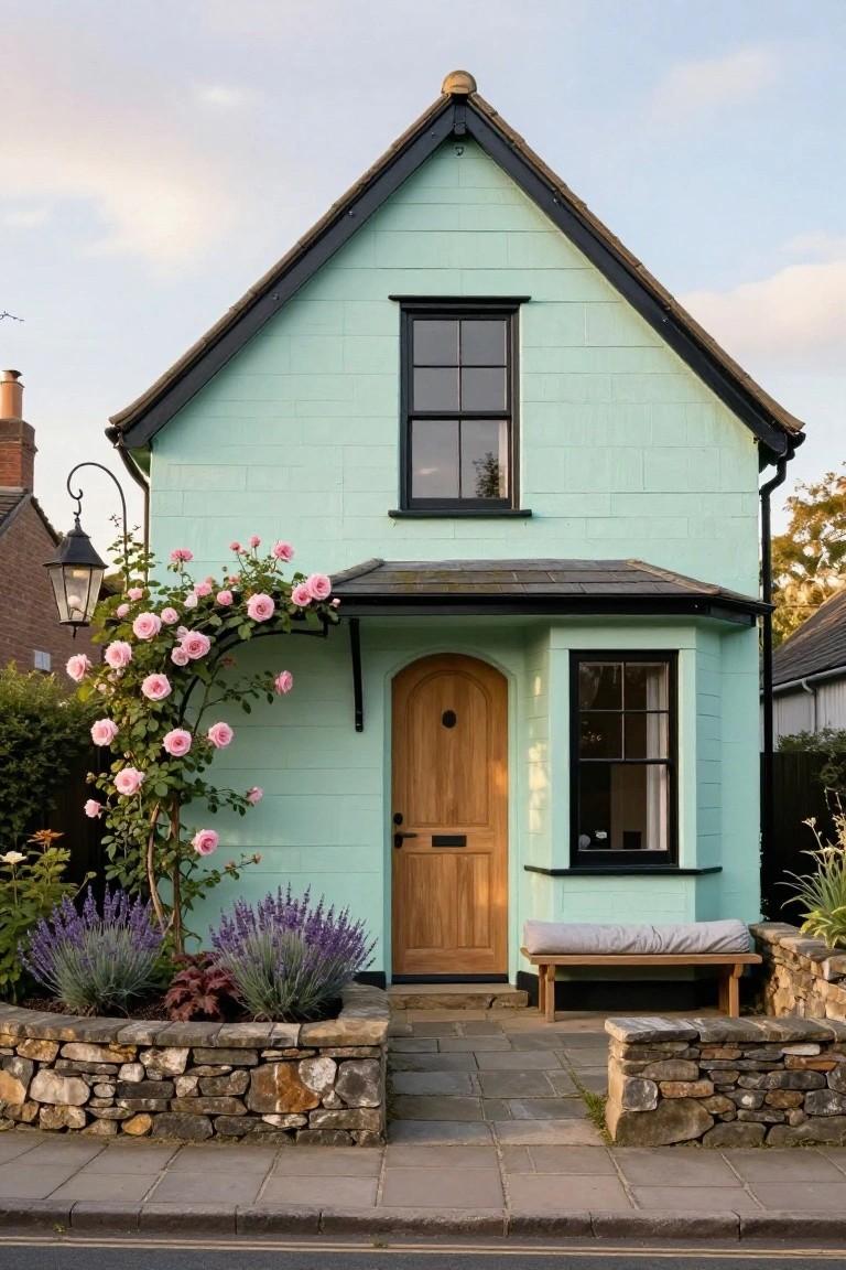 Two-story cottage with pale green clapboard siding, black window frames and trim, dark slate roof, arched oak front door, pink climbing roses on the right side, lavender plants and stone garden wall with wooden bench at the entrance.