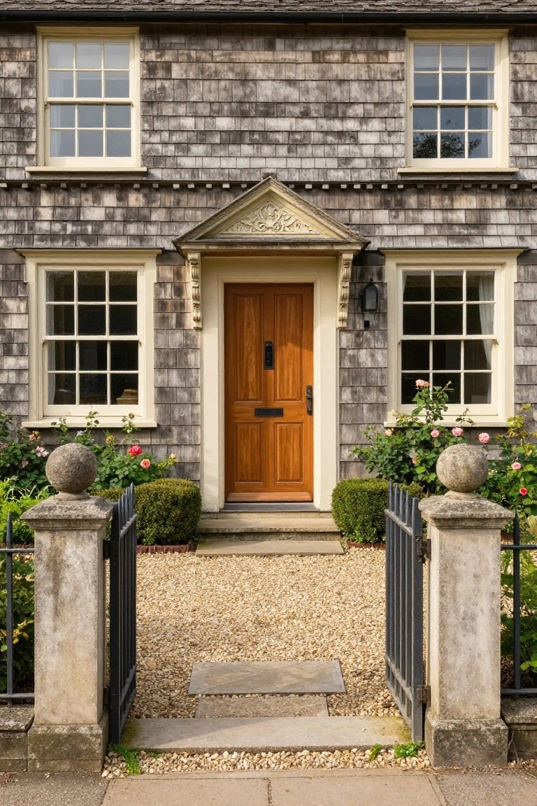 Gray shingle-clad two-story cottage with central pedimented oak front door, sash windows, wall lantern, wrought-iron gate between stone piers, gravel path, boxwoods, and rose bushes.