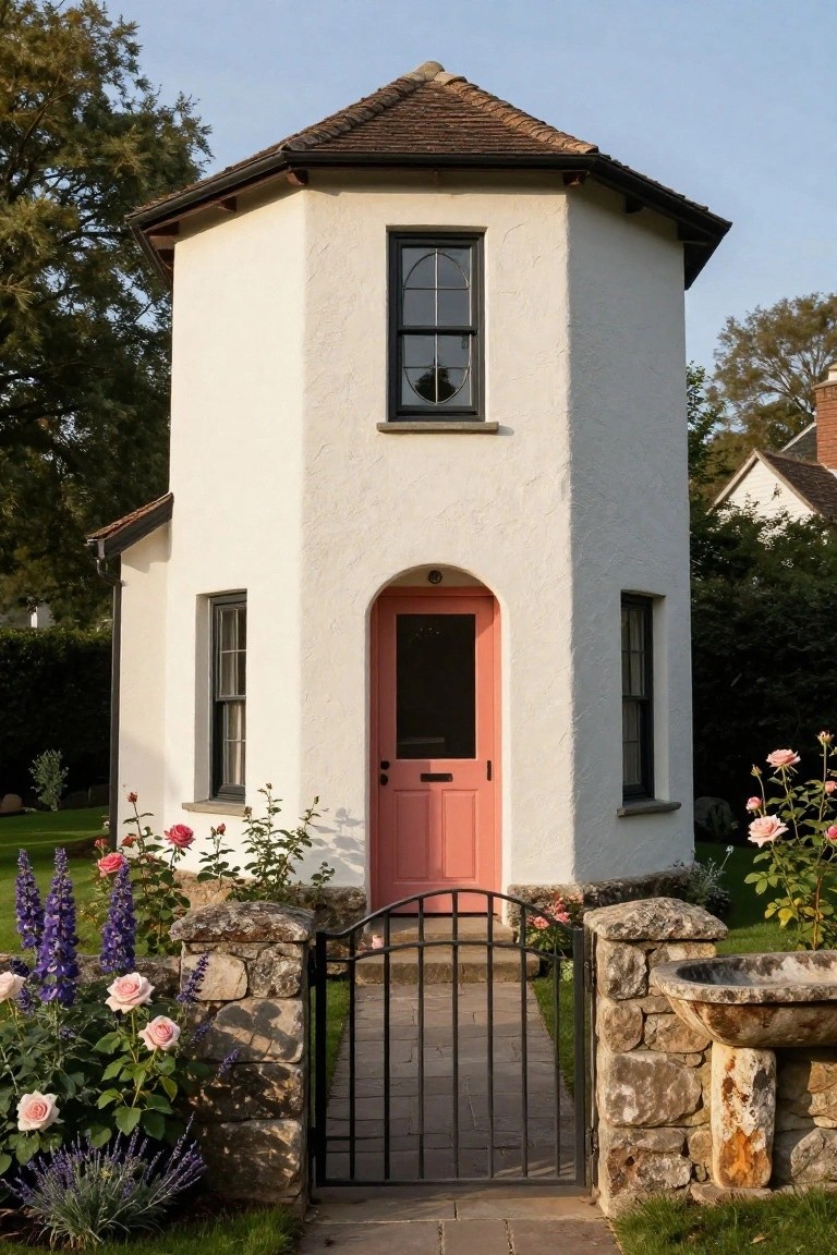 Small white octagonal cottage with pink arched front door, black-framed windows, wrought iron gate, stone walls, and pink roses in the garden.
