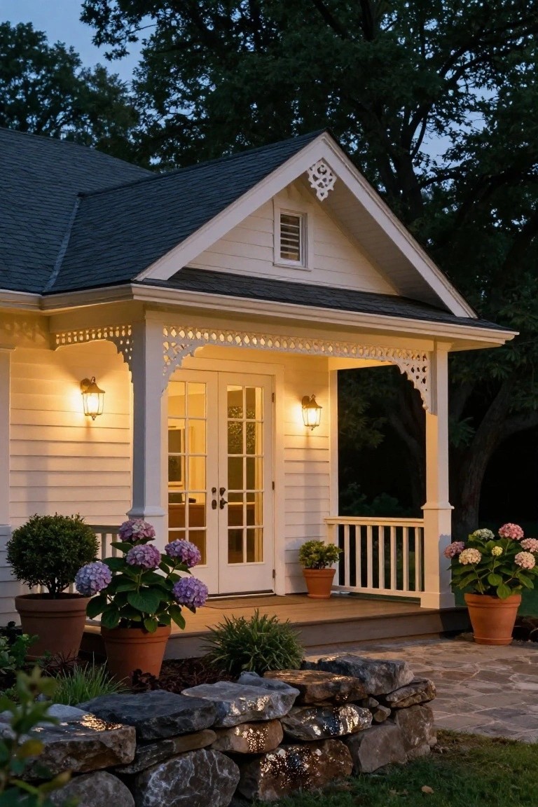 White clapboard cottage exterior at dusk with gabled porch, ornate white trim brackets and lattice, French doors flanked by lanterns, potted hydrangeas on the deck, and a stone retaining wall with plants.