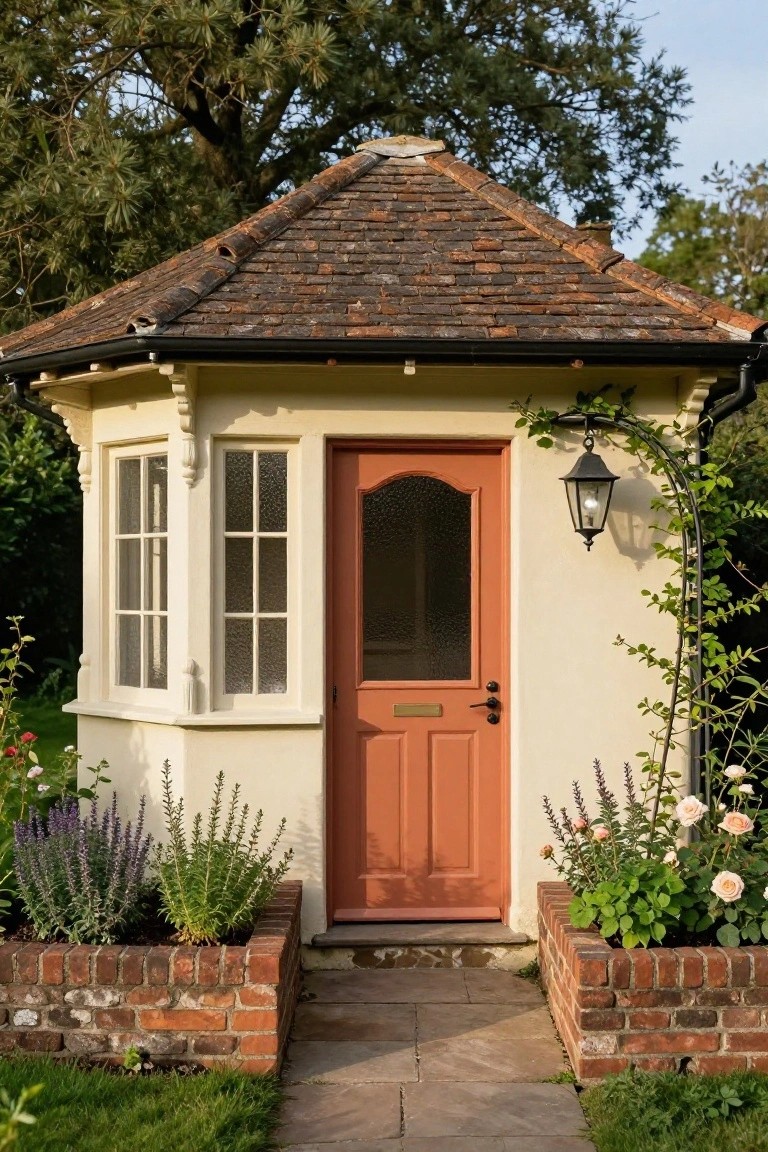 Small octagonal cream-colored garden pavilion with red arched front door, white bay window, black lantern light, brick planters filled with lavender, rosemary, and roses, stone path, and surrounding greenery.