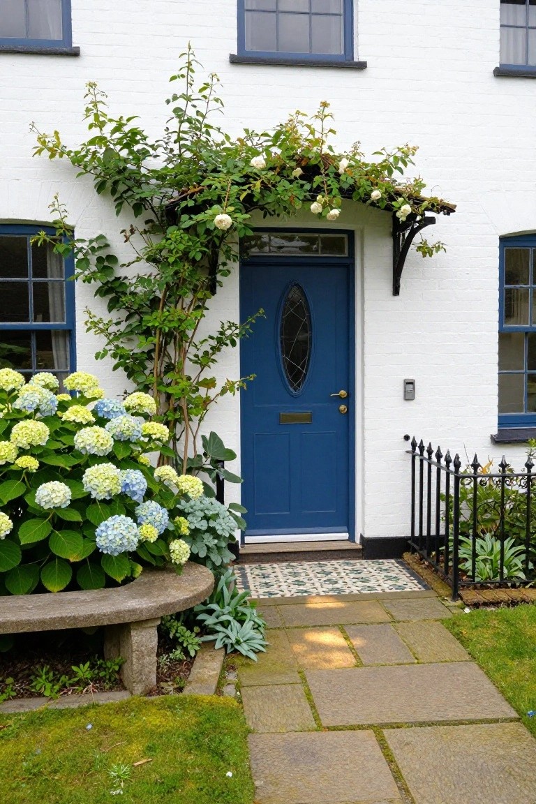 White house facade with blue front door under wooden porch structure covered in pink climbing roses, large hydrangea bushes to the left, stone bench nearby, black iron fence, and stone-paved path.