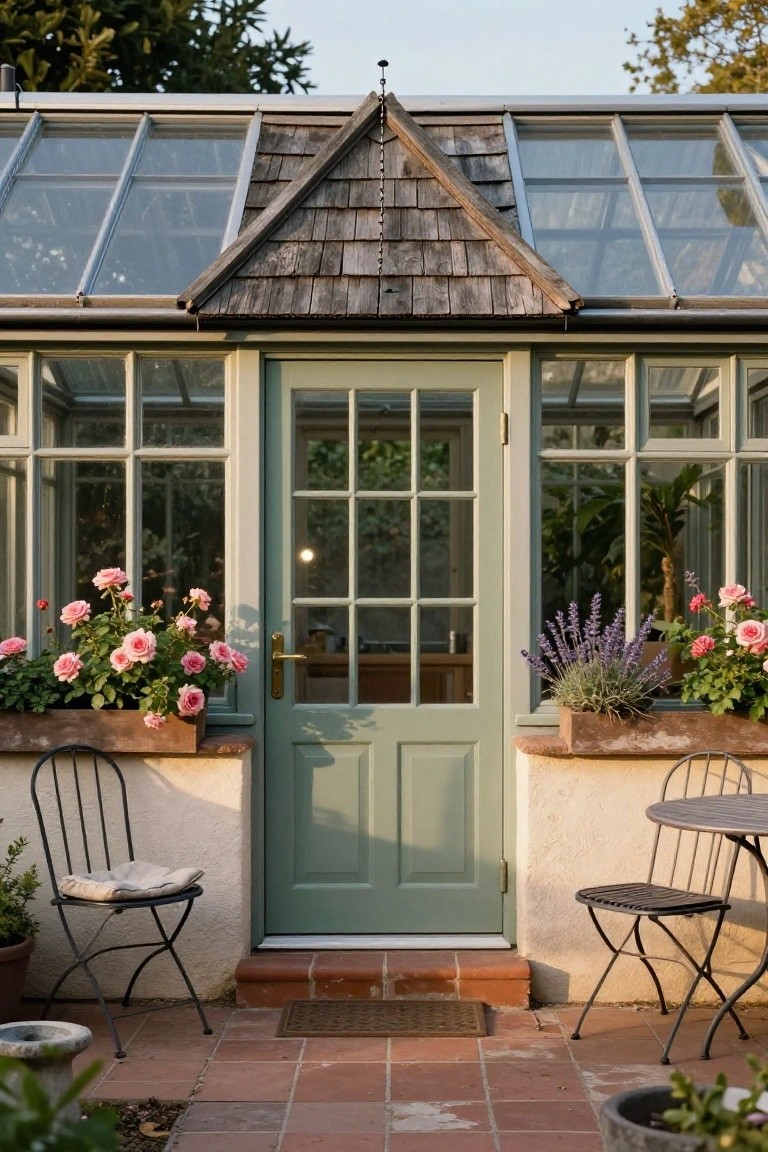 Greenhouse conservatory exterior with sage green paneled door centered amid glass walls and windows, pink rose planters on ledges beside it, lavender pot, bistro chairs and table on brick patio steps.