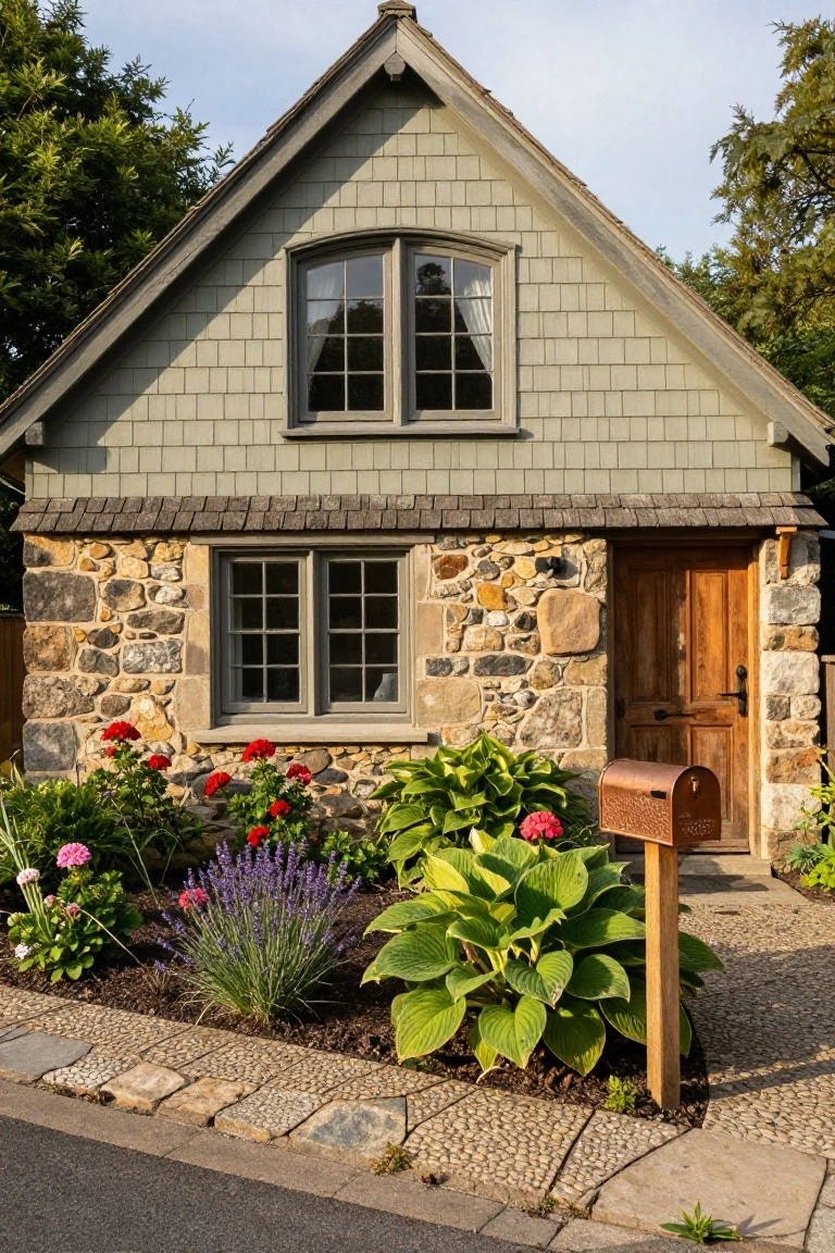 Charming stone cottage with green shingles, wooden door, and colorful flower garden.