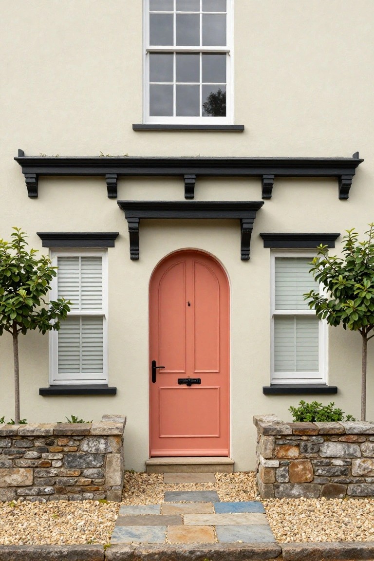 Cream stucco house exterior with black trim and brackets over a centered arched pink front door, flanked by shuttered windows, small trees in planters, stone boundary walls, and a gravel path with stone steps.