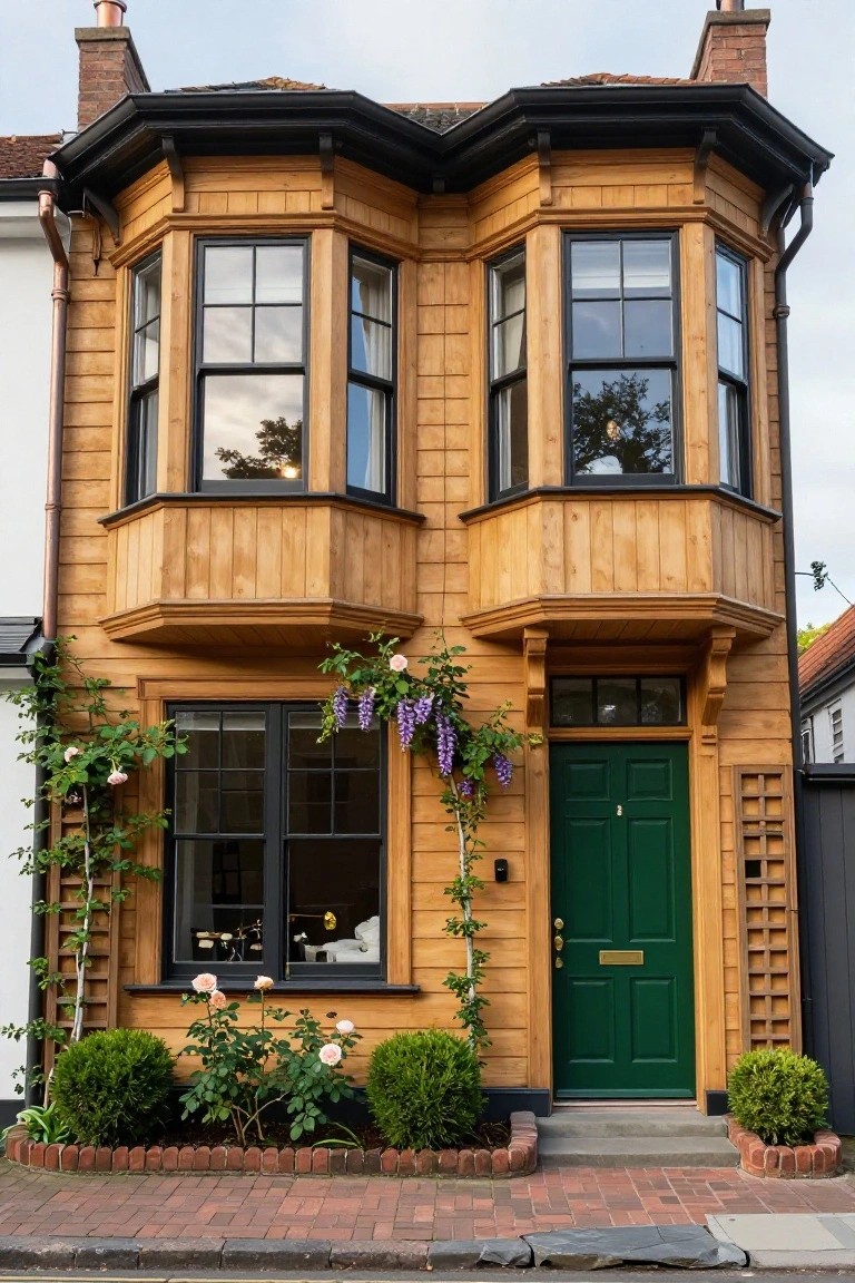 Narrow two-story house exterior featuring golden wood cladding, black-framed bay windows, green front door with brass knocker, climbing wisteria and roses, boxwood shrubs, and brick edging along a paved path.