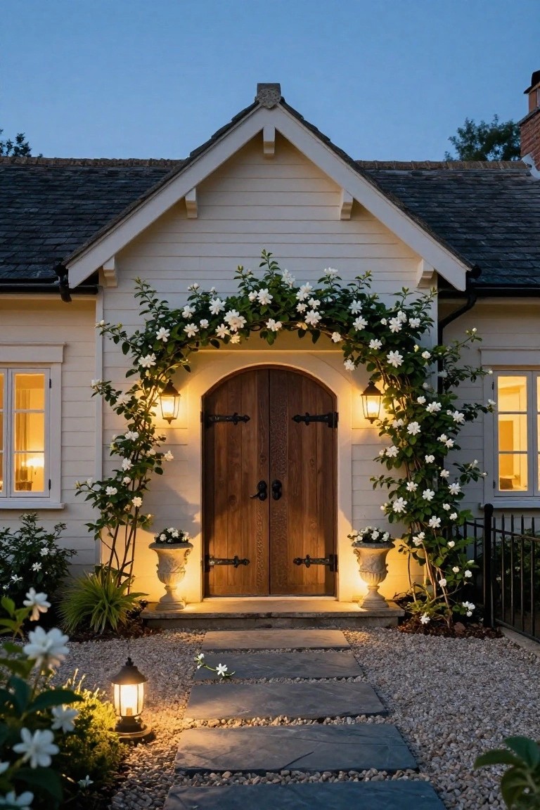 White clapboard house exterior featuring an arched wooden double door framed by climbing white flowering vines, with wall lanterns, potted plants, a stone pathway in gravel, and garden lights at dusk.