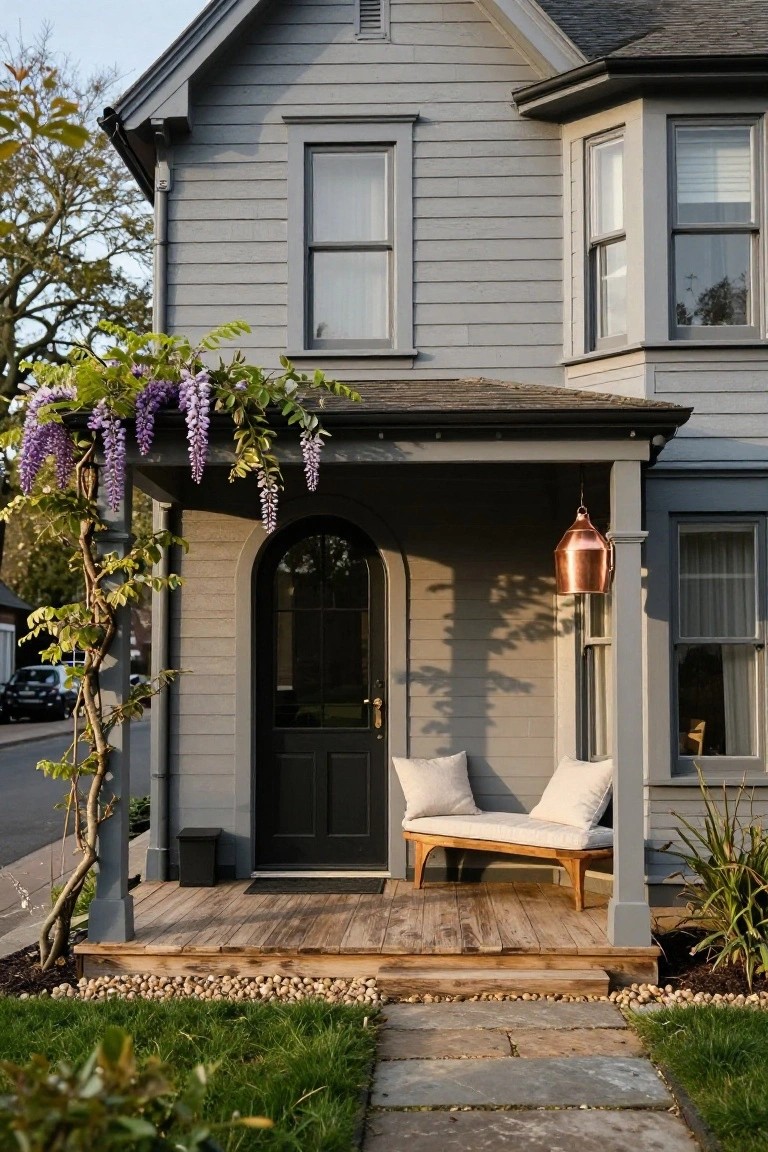 Gray Victorian cottage exterior featuring a black arched front door under a porch with columns draped in purple wisteria vines, copper hanging lantern, wooden daybed with white cushions, gravel edging, and stone pathway.