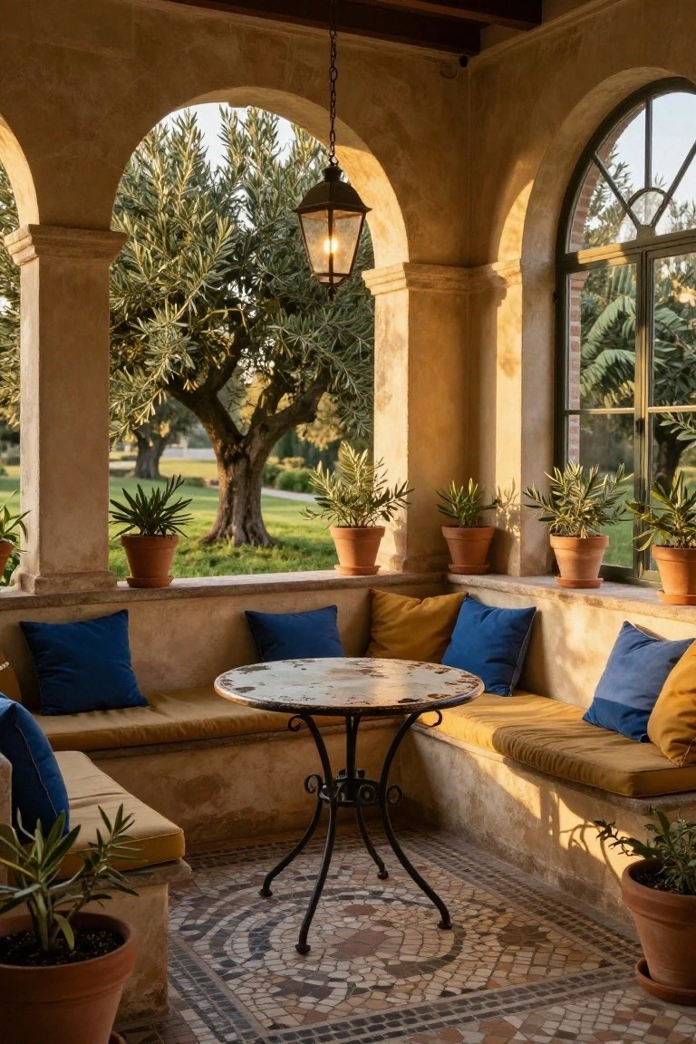 Covered outdoor terrace with L-shaped built-in benches cushioned in blue and mustard, surrounding a round metal table on mosaic tile floor, potted plants along walls and arches framing olive trees outside.