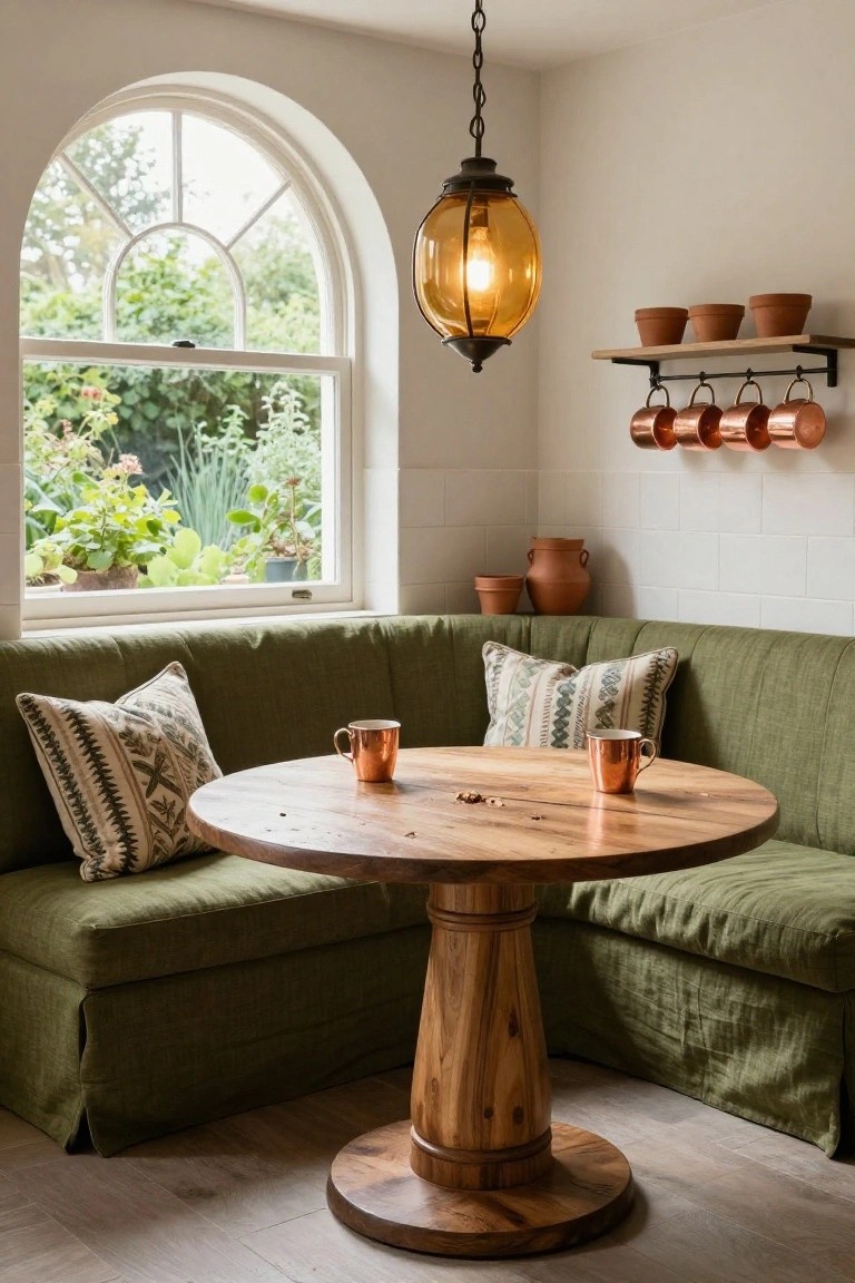 Kitchen corner with green upholstered L-shaped banquette seating around a round wooden pedestal table, two copper mugs on the table, hanging copper mugs on a wall rack, terracotta pots on shelves, and an arched window showing a garden view.