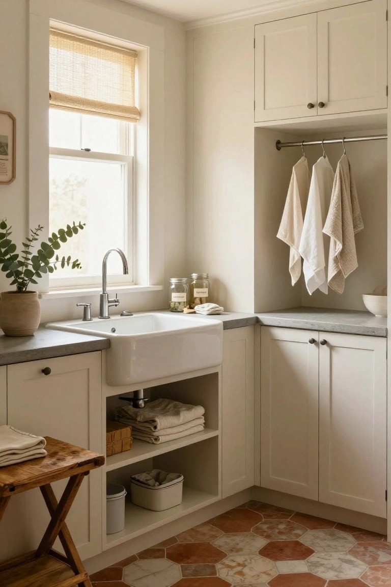 Laundry room interior with white shaker-style cabinets, white farmhouse sink, open shelving stocked with linens and baskets, hanging towels on a rod, potted eucalyptus plant, and hexagonal terracotta floor tiles.