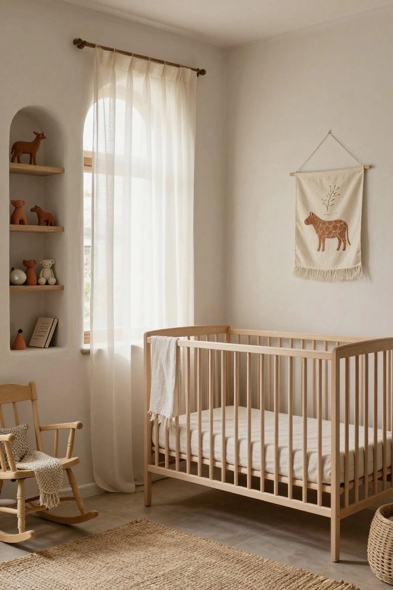 A cozy nursery with a light wood crib, rocking chair, and neutral decor.
