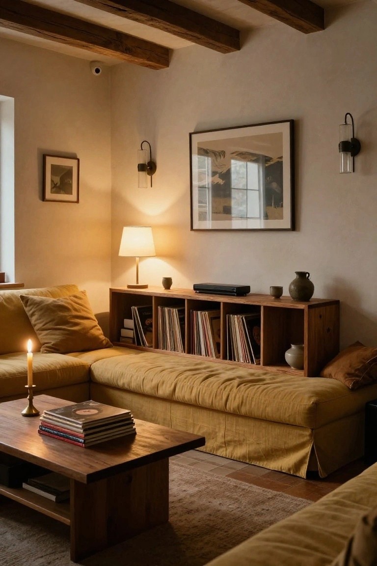 Cozy living room with mustard yellow linen sofa, low wooden coffee table holding stacked books, wooden shelving unit with TV, vinyl records, books, and ceramic vases, exposed timber ceiling beams, table lamp, wall sconces, and candle.