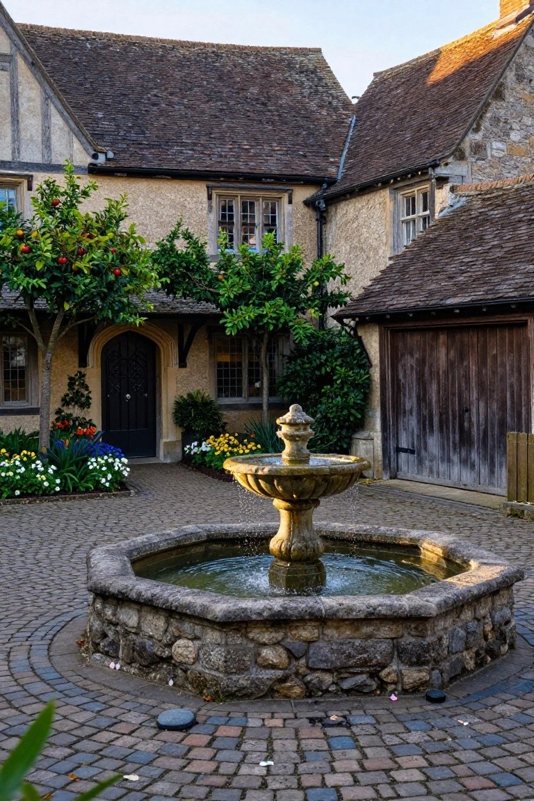 Tudor-style house with timber framing, arched black wooden door, central stone fountain in octagonal basin, cobblestone courtyard, citrus trees, flower beds, and garage on the side.