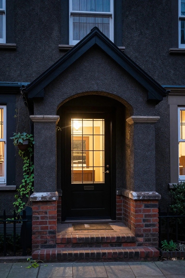 Evening view of a dark pebbledash two-story house with black-framed arched porch entry, glass-paneled black front door illuminated from inside, ivy on stone pillars, brick steps and base.