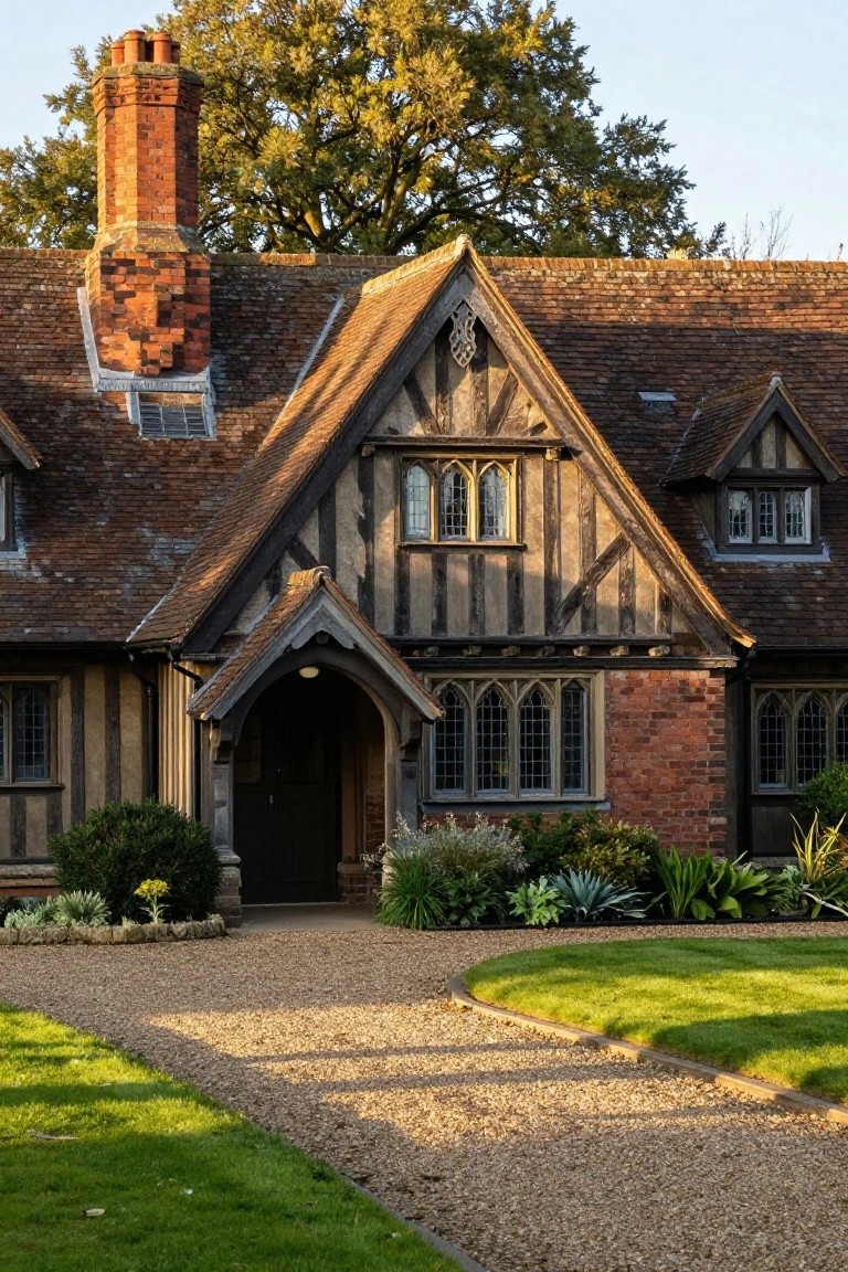 A half-timbered Tudor house exterior with dark wood framing, red brick accents, tall brick chimney, arched wooden porch entry, leaded glass windows, shrubs, gravel driveway, and grass edging.