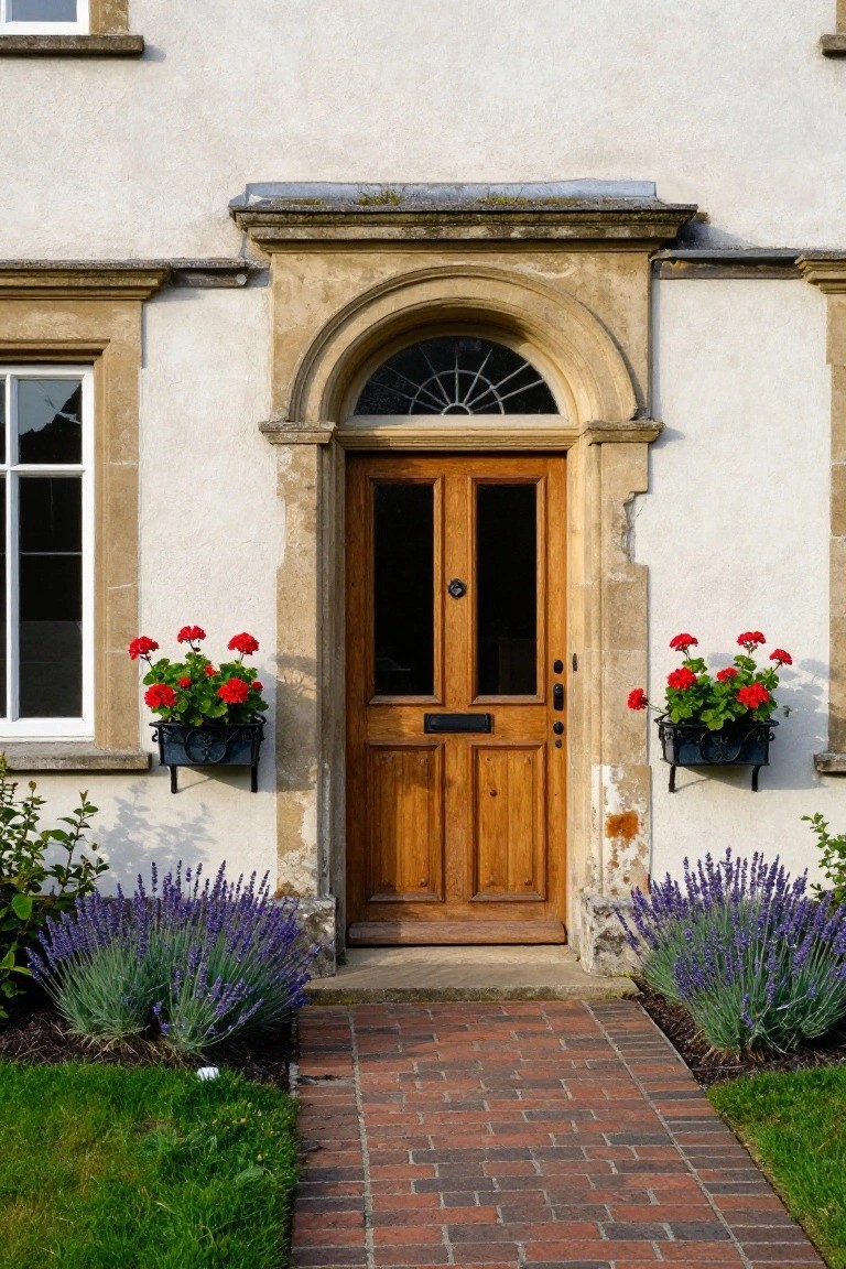 White-rendered house facade with beige stone arched entryway, wooden double door, fanlight window above, geranium flower boxes in black metal brackets on either side, lavender plants, and red brick pathway leading to the door.