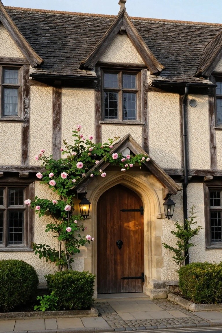 Tudor-style house facade with beige stucco and dark timber framing, featuring a tall wooden arched doorway framed by pink climbing roses, flanked by black metal lanterns, and edged by low boxwood shrubs on a stone pathway.