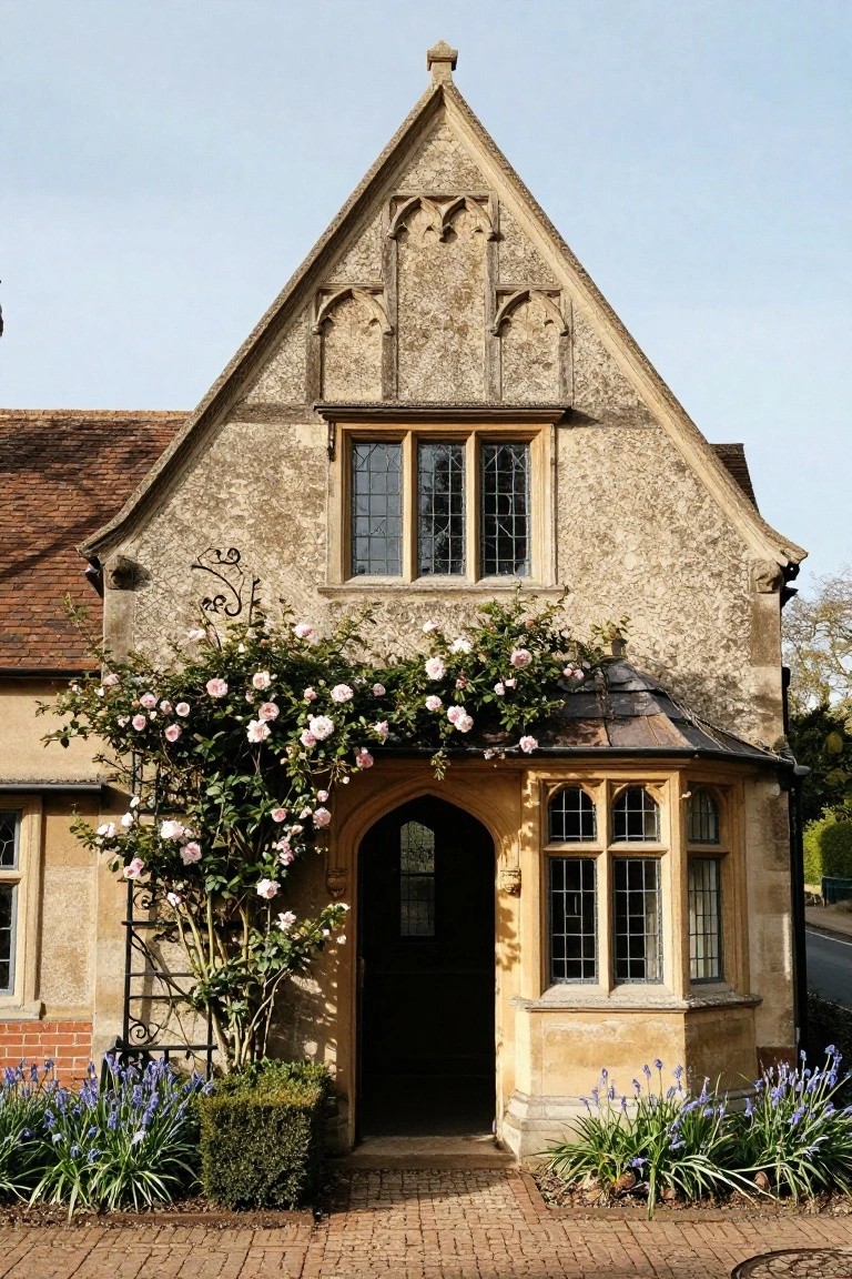 Beige stone Tudor cottage exterior with tall pointed arched dark wooden doorway, pink climbing roses on black metal trellis, leaded glass windows, and clumps of purple bluebells beside brick pathway.