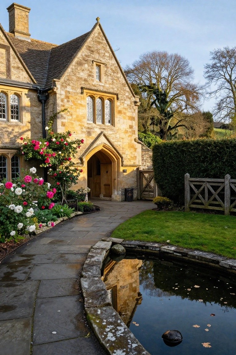 Stone Tudor-style house exterior featuring a tall pointed arched wooden doorway surrounded by pink and white climbing rose bushes, a curved stone pathway, small lily pond, hedges, and bare trees under a partly cloudy sky.