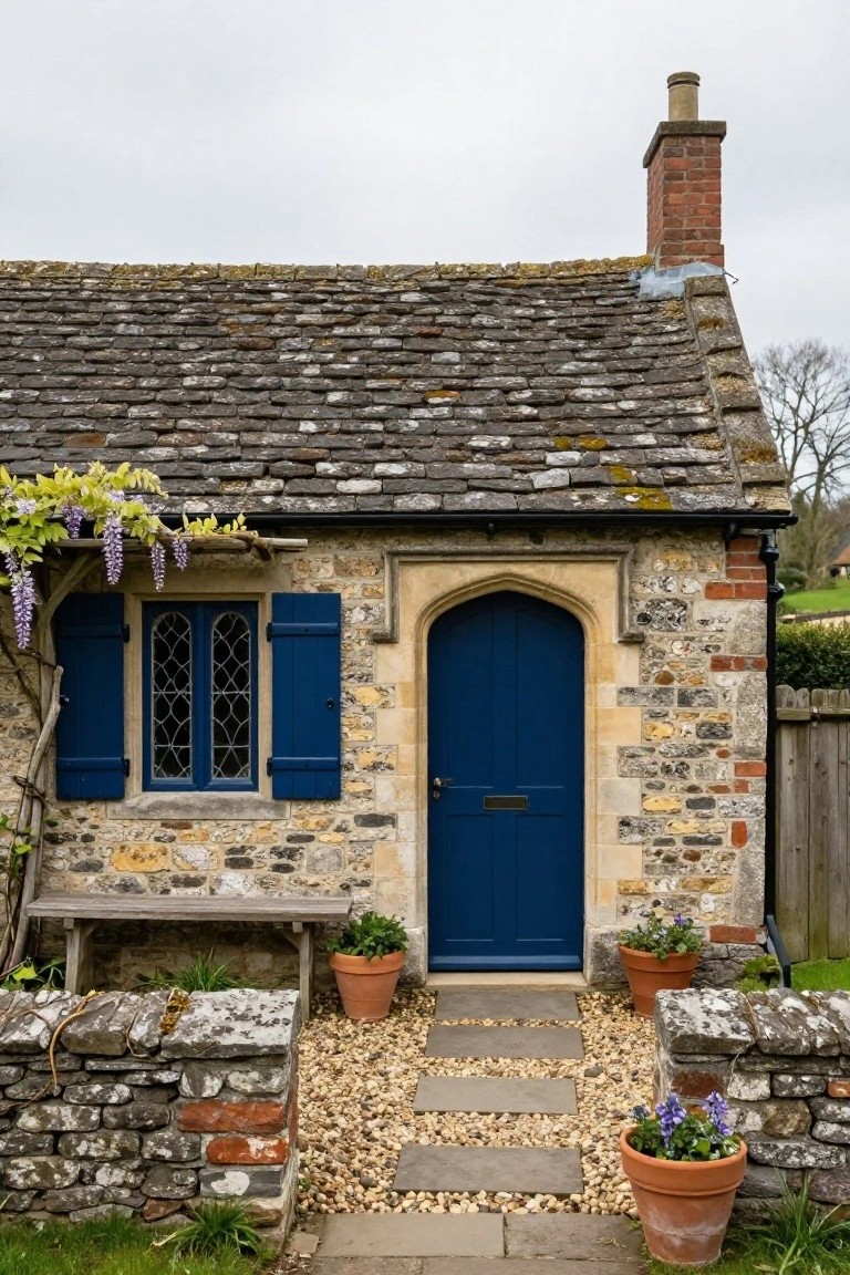 Quaint stone cottage exterior with arched blue front door, blue shutters on leaded window draped in wisteria, terracotta pots with plants, gravel path, and low stone walls.