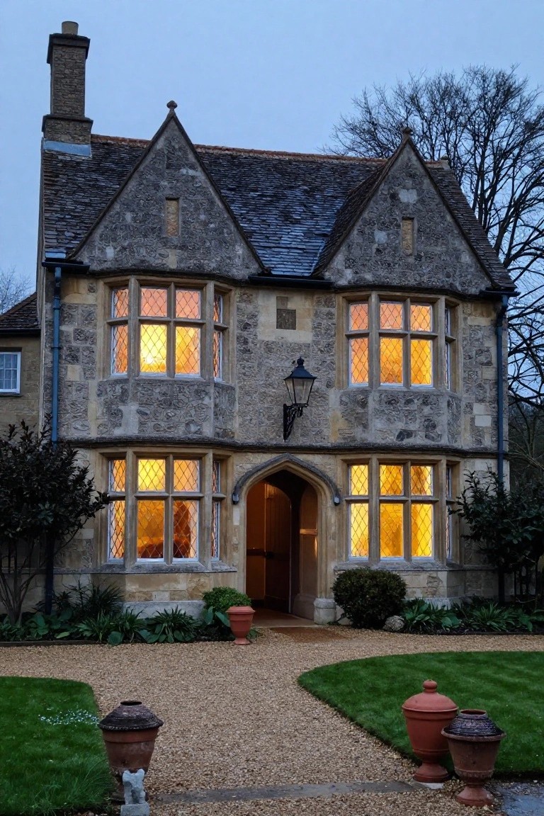 Two-story stone Tudor house exterior at dusk with steeply pitched slate roof, multiple lit leaded-glass windows, arched wooden front door with hanging lantern, gravel driveway, and terracotta pots in the garden.