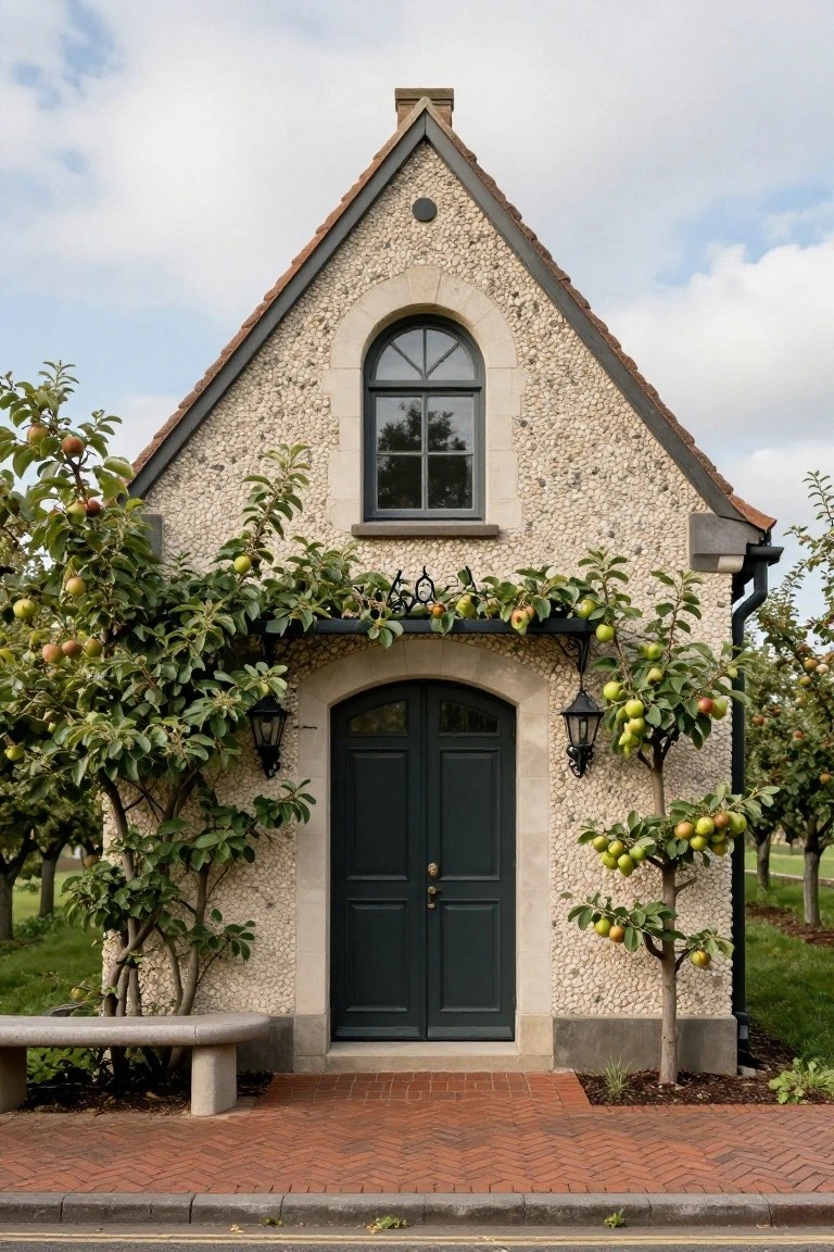 Small gabled stone cottage with arched green double doors, lanterns on either side, climbing apple trees bearing green and red fruit along the walls, stone bench and brick path in front.