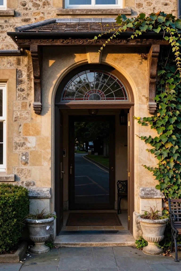 Stone house exterior with arched wooden front door under a stained glass fanlight window, ivy climbing the walls and brackets, flanked by stone urn planters and a bench on a paved entry path.