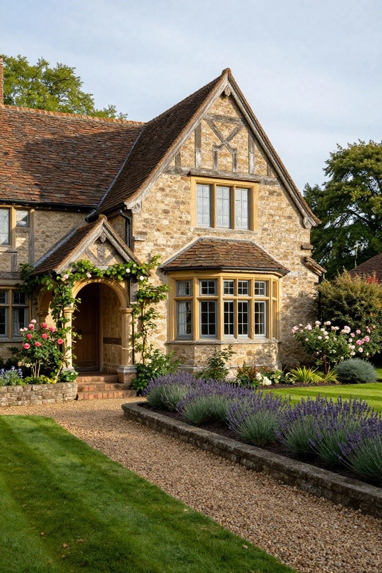 Stone Tudor house with timber framing and red tile roof, featuring a covered arched porch entry with climbing roses, a bay window, lavender garden border, gravel path, and lawn.