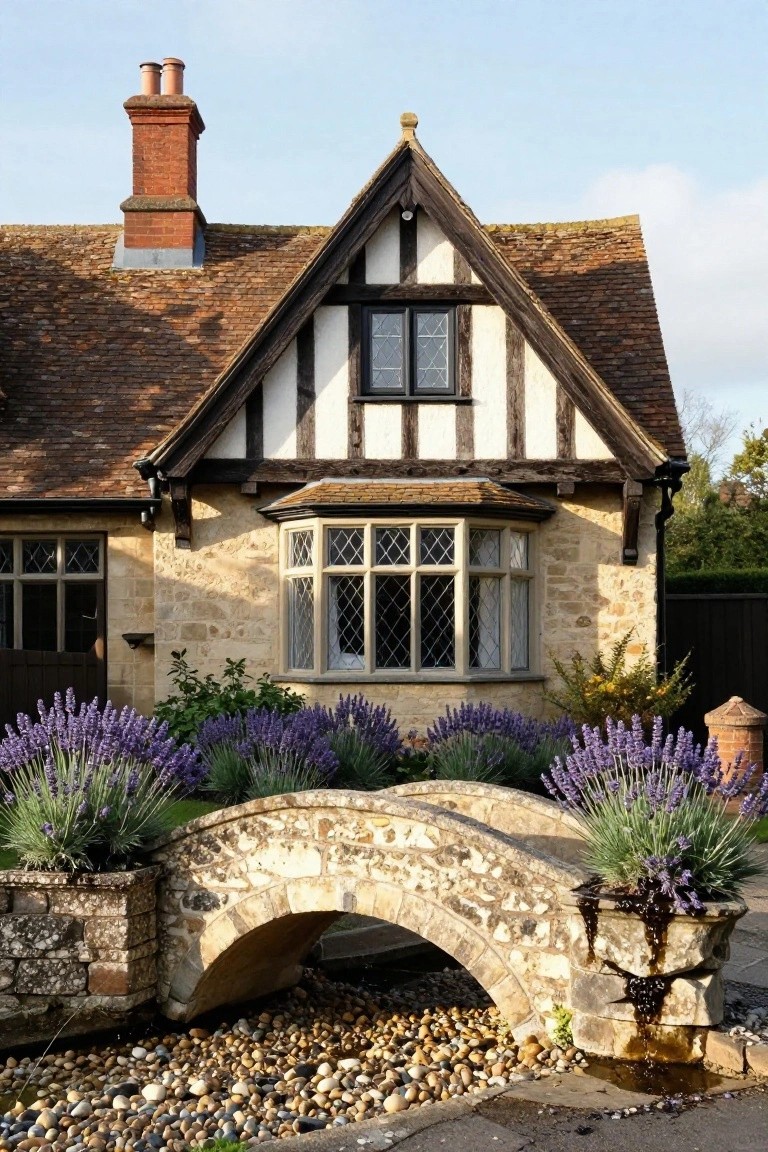 Tudor-style house with half-timbered upper facade, stone lower walls, bay window, and brick chimney, approached by a small arched stone bridge over a pebble streambed lined with lavender plants in pots.