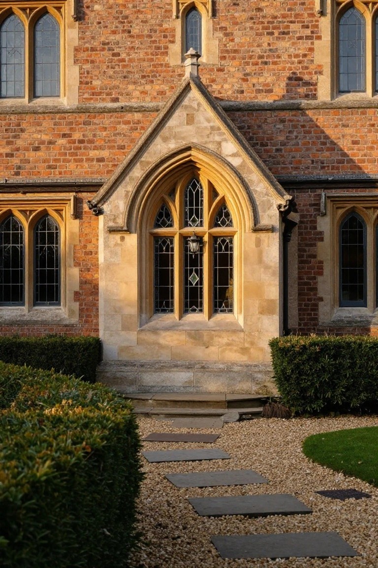 Brick house exterior with central pointed arched window featuring leaded glass panes, stone gable porch, flanked by narrower arched windows, boxwood hedges, gravel path with stone slabs, and low steps.