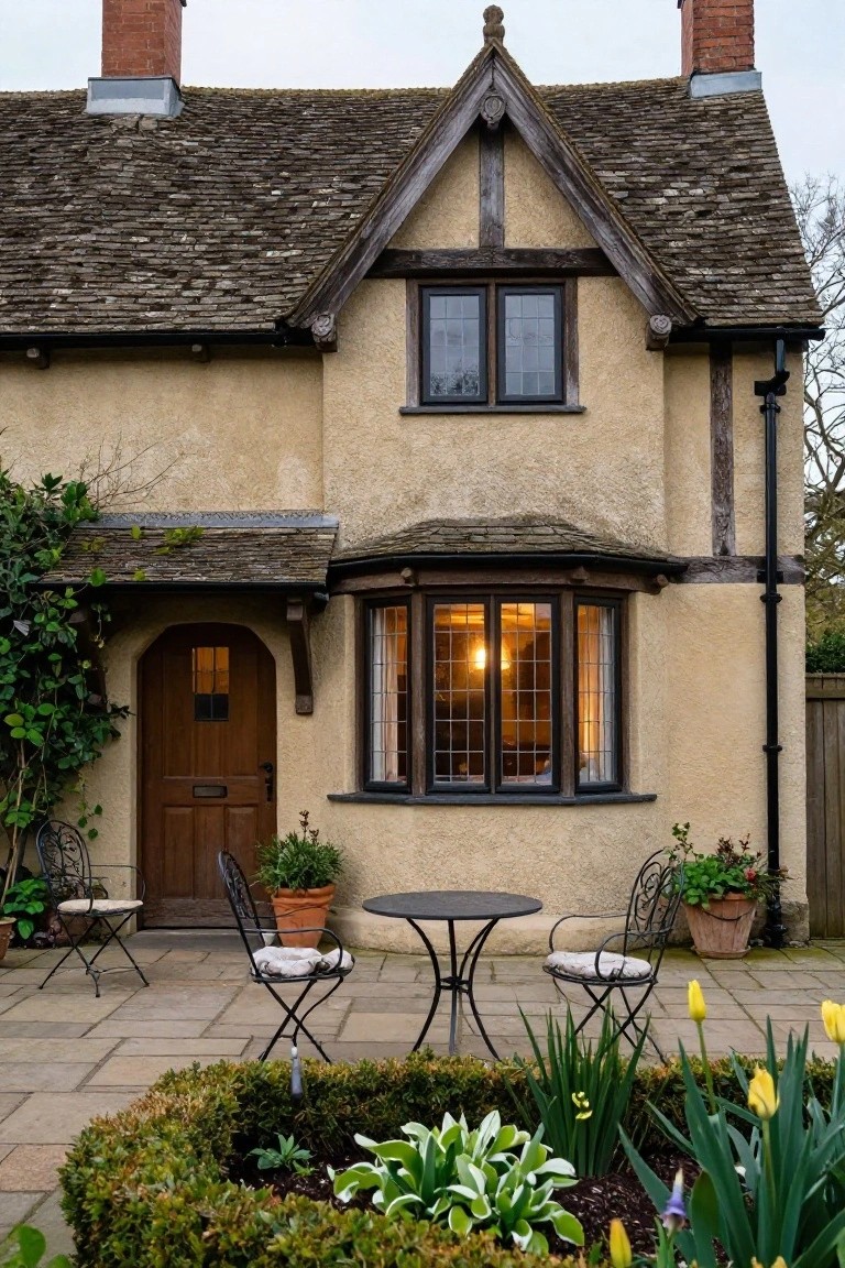 Cream-colored Tudor cottage with dark timber framing, arched wooden front door, bay window, small patio with bistro table and two chairs, potted plants, and surrounding garden bed with boxwood hedge, hostas, irises, and daffodils.
