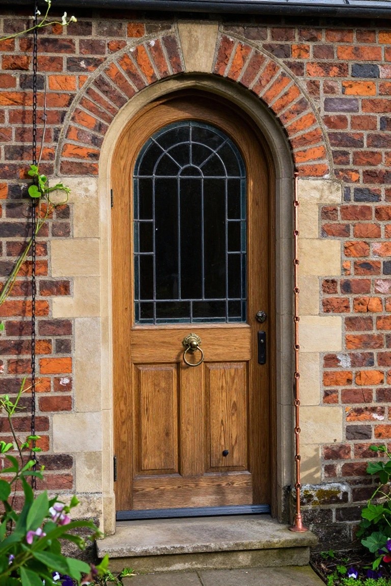 Wooden arched front door with leaded glass window and brass knocker on a brick house exterior with stone accents, copper downspout, chain, and surrounding plants on a stone step.