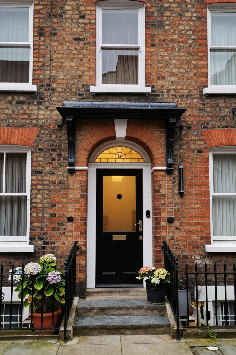 Red brick two-story terraced house exterior with black front door under white-framed arched entryway featuring yellow stained glass fanlight, white sash windows on either side, black iron railing with potted hydrangeas, and stone steps leading to the sidewalk.