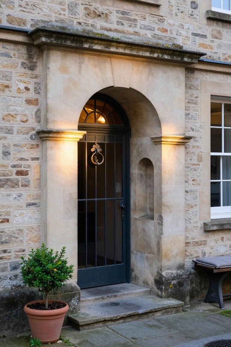 Stone house exterior with an arched entryway featuring a dark metal gate, brass knocker, wall-mounted lights, potted shrub, and wooden bench on a paved pathway.