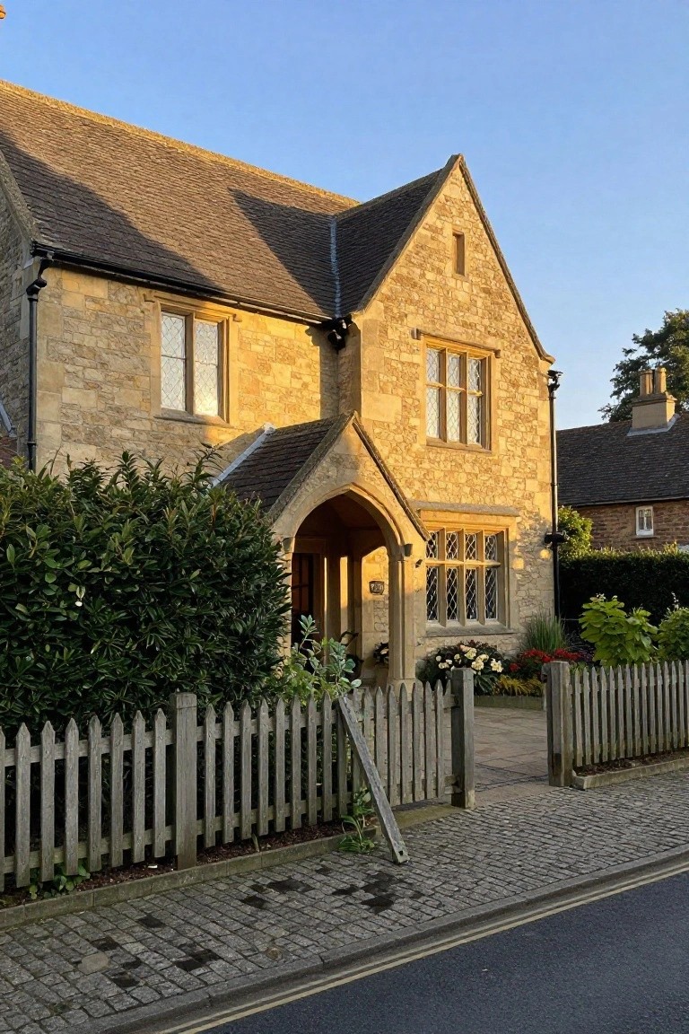 Two-story beige stone house with gabled roof, arched porch entry, leaded windows, wooden picket fence, hedges, flower beds, and cobblestone path along a street.
