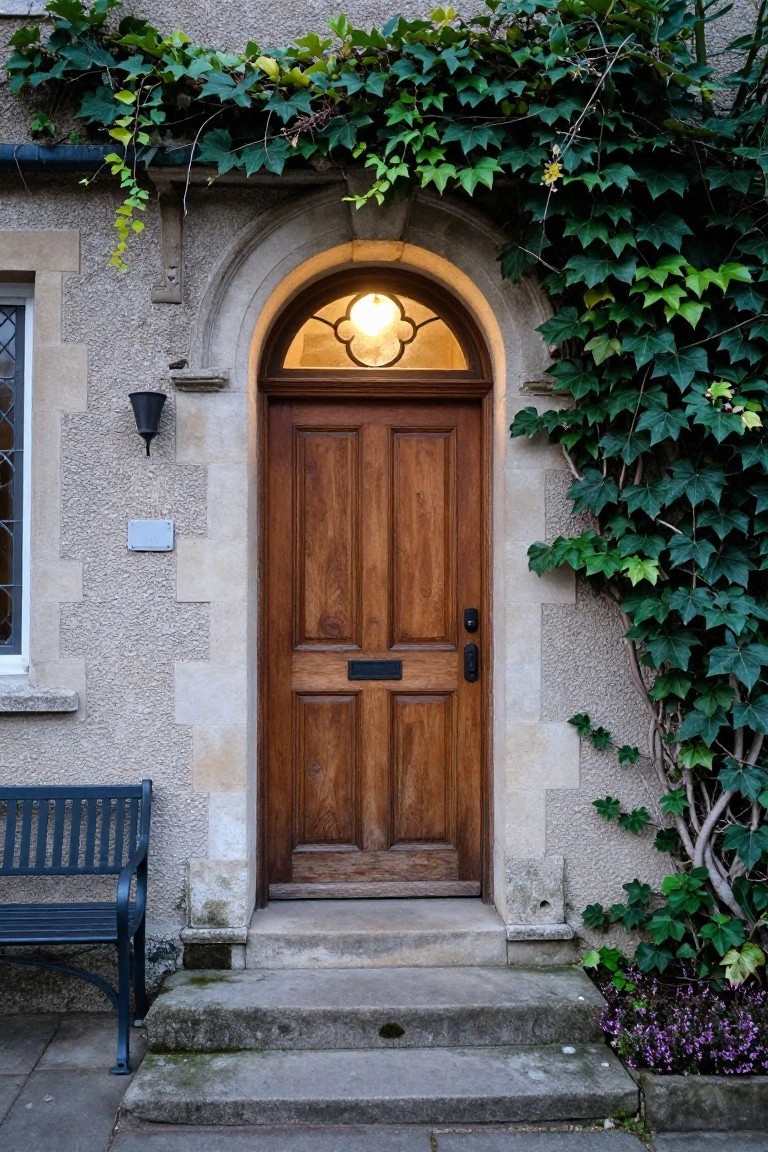 Ivy-covered stone Tudor house facade featuring a lit arched wooden front door with lantern, wall light, bench, and steps.