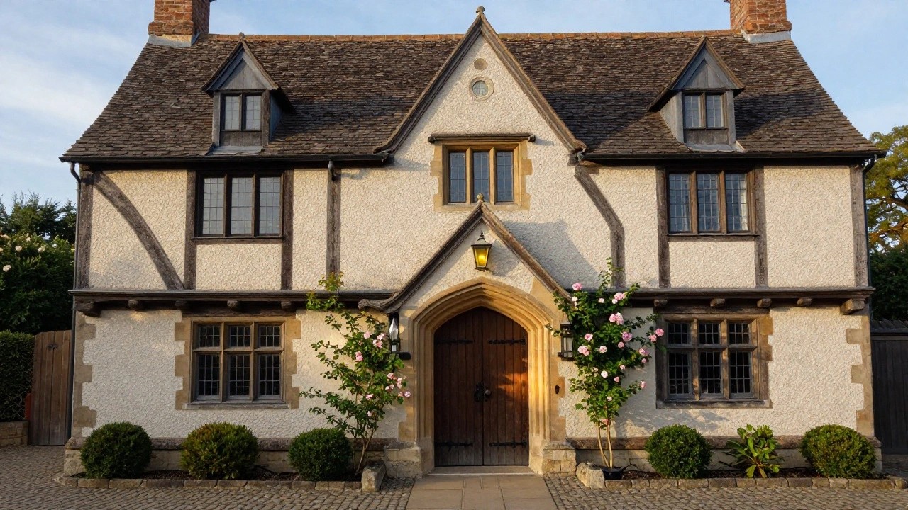 Tudor-style house facade with beige stucco and dark timber framing, featuring a tall wooden arched doorway framed by pink climbing roses, flanked by black metal lanterns, and edged by low boxwood shrubs on a stone pathway.