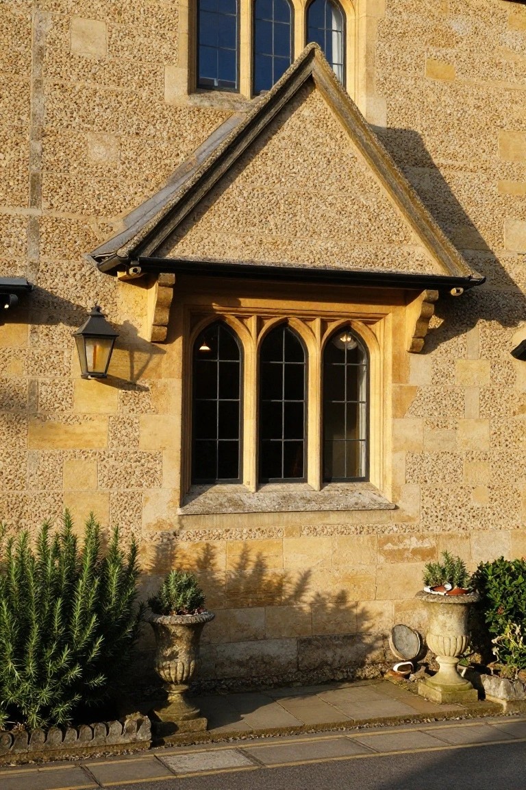 Stone Tudor house exterior with projecting gabled porch over a tall arched three-pane window, flanked by urns of rosemary plants and a lantern light, pathway in front.