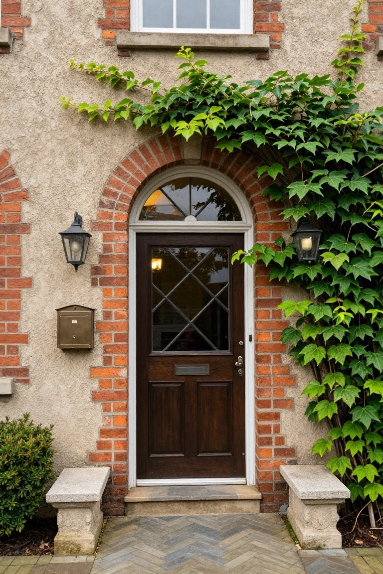 Tudor house exterior with dark wood front door in red brick arched entryway covered in green ivy, flanked by black lanterns, brass mailbox, and stone benches on herringbone brick path.