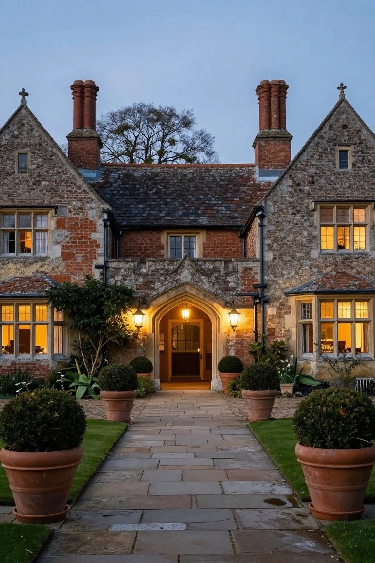 Stone and brick Tudor house facade at dusk with a lit arched wooden entry door, flanked by lanterns, topiaries in terracotta pots, and a stone pathway through grass.